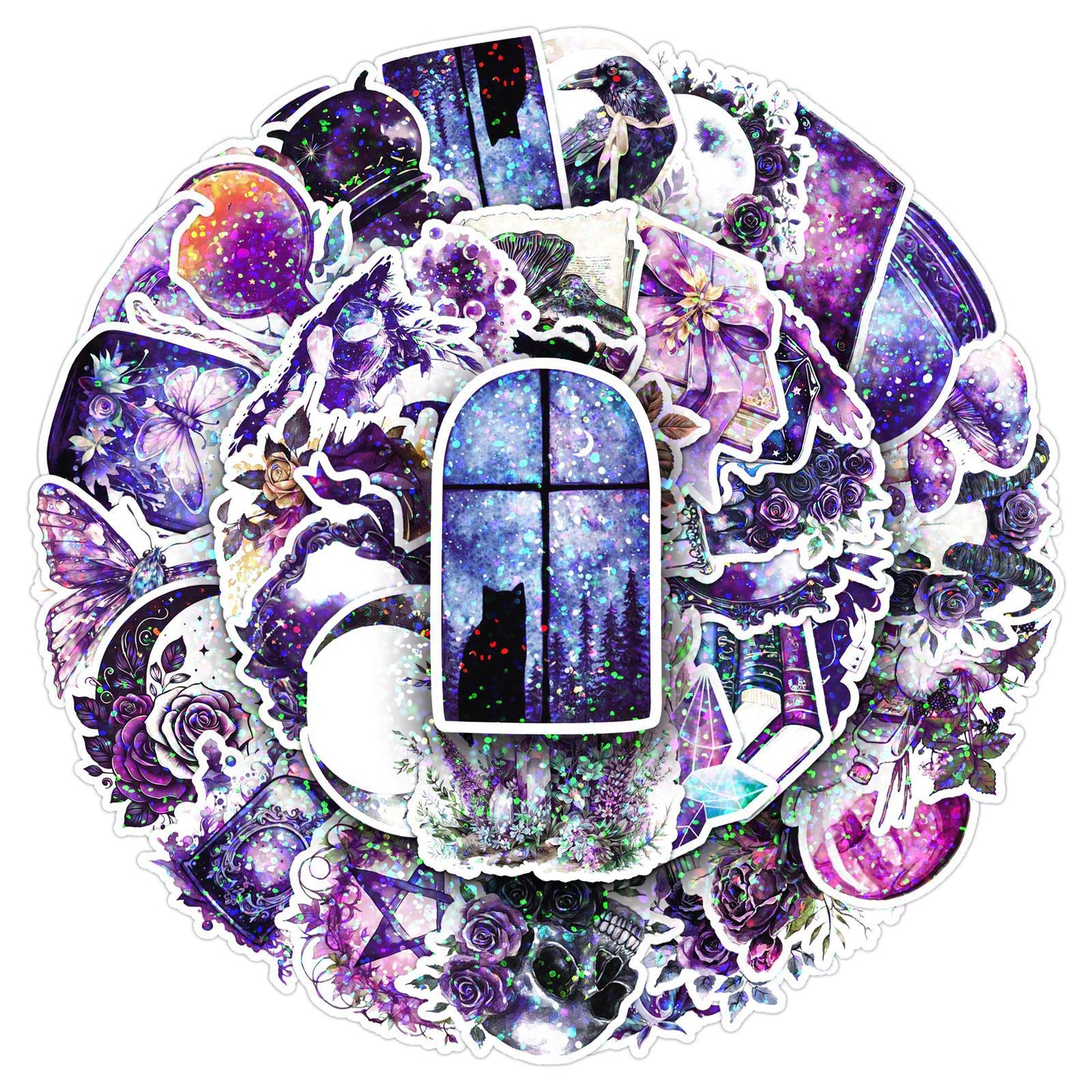 ✨ 50 pcs Holographic Stickers Halloween Witch Stickers – Magic Laser PVC Waterproof Set ✨🎃🧙‍♀️ Kawaii Stickers