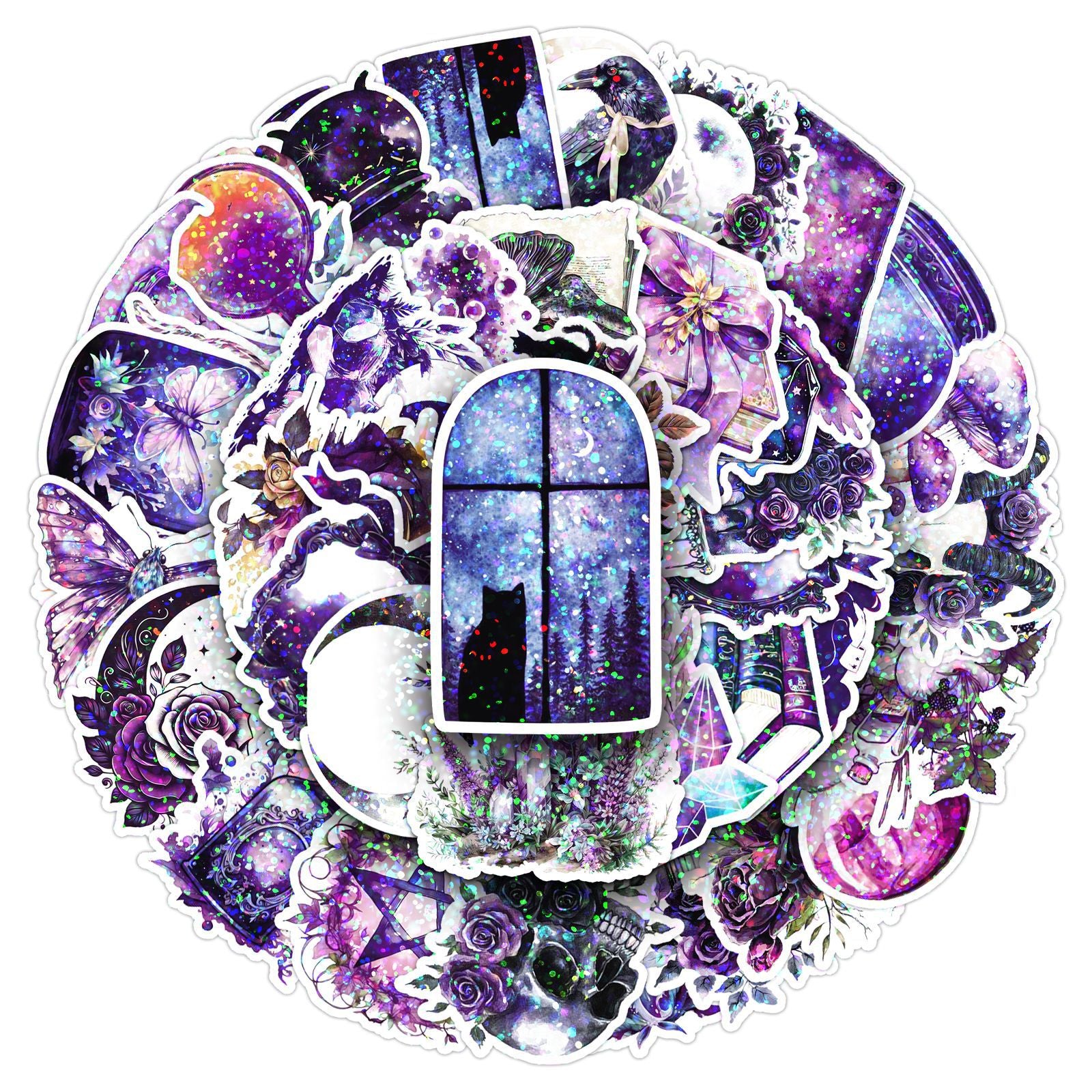 ✨ 50 pcs Holographic Stickers Halloween Witch Stickers – Magic Laser PVC Waterproof Set ✨🎃🧙‍♀️ Kawaii Stickers