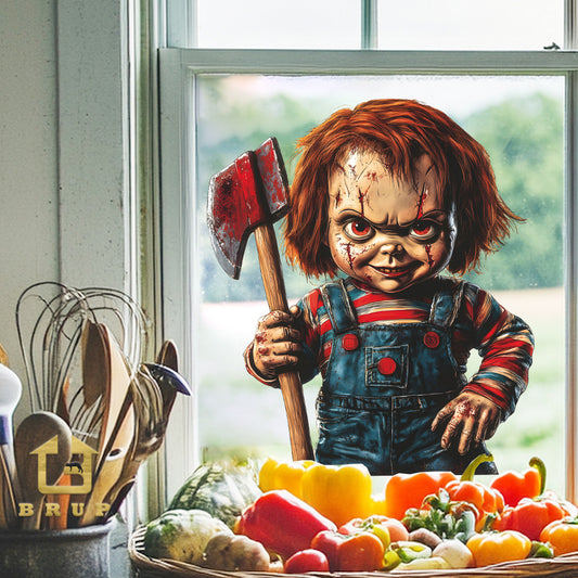 🎃 Halloween Horror Little Demon with Axe Static Window Stickers – No Glue 🕷️ Kawaii Stickers