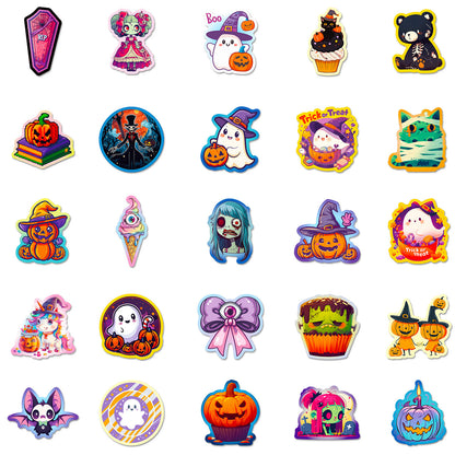 50pcs Halloween Graffiti Stickers – Dark Cute Ghost, Pumpkin, Bat & Castle Vinyl Decals for DIY, Luggage, Laptop & Water Bottles Kawaii Stickers
