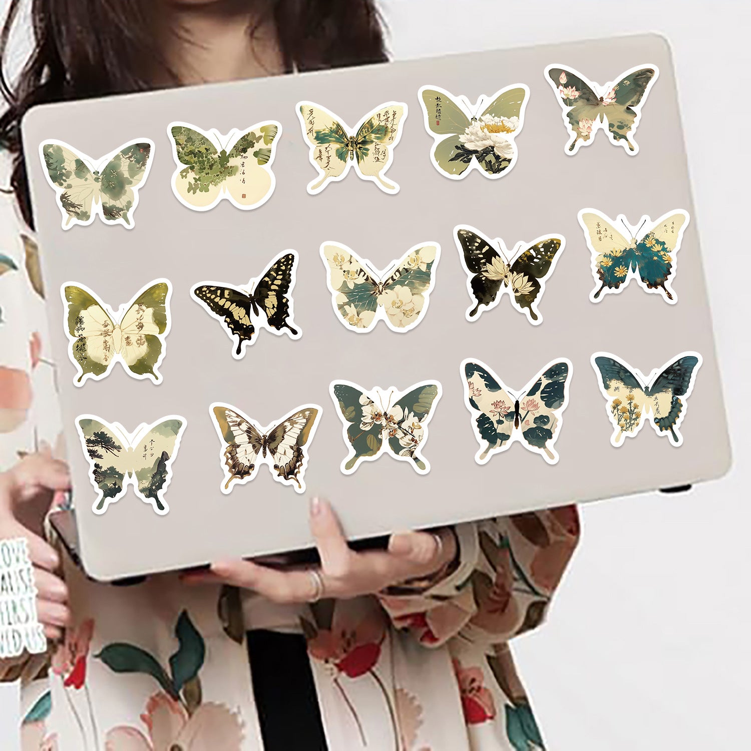 🦋🎨50pcs Ink-Style Butterfly Stickers Book | Waterproof PET Oriental Art Stickers for Journals, Notebooks, Water Cups ☕ & DIY Crafts Kawaii Stickers
