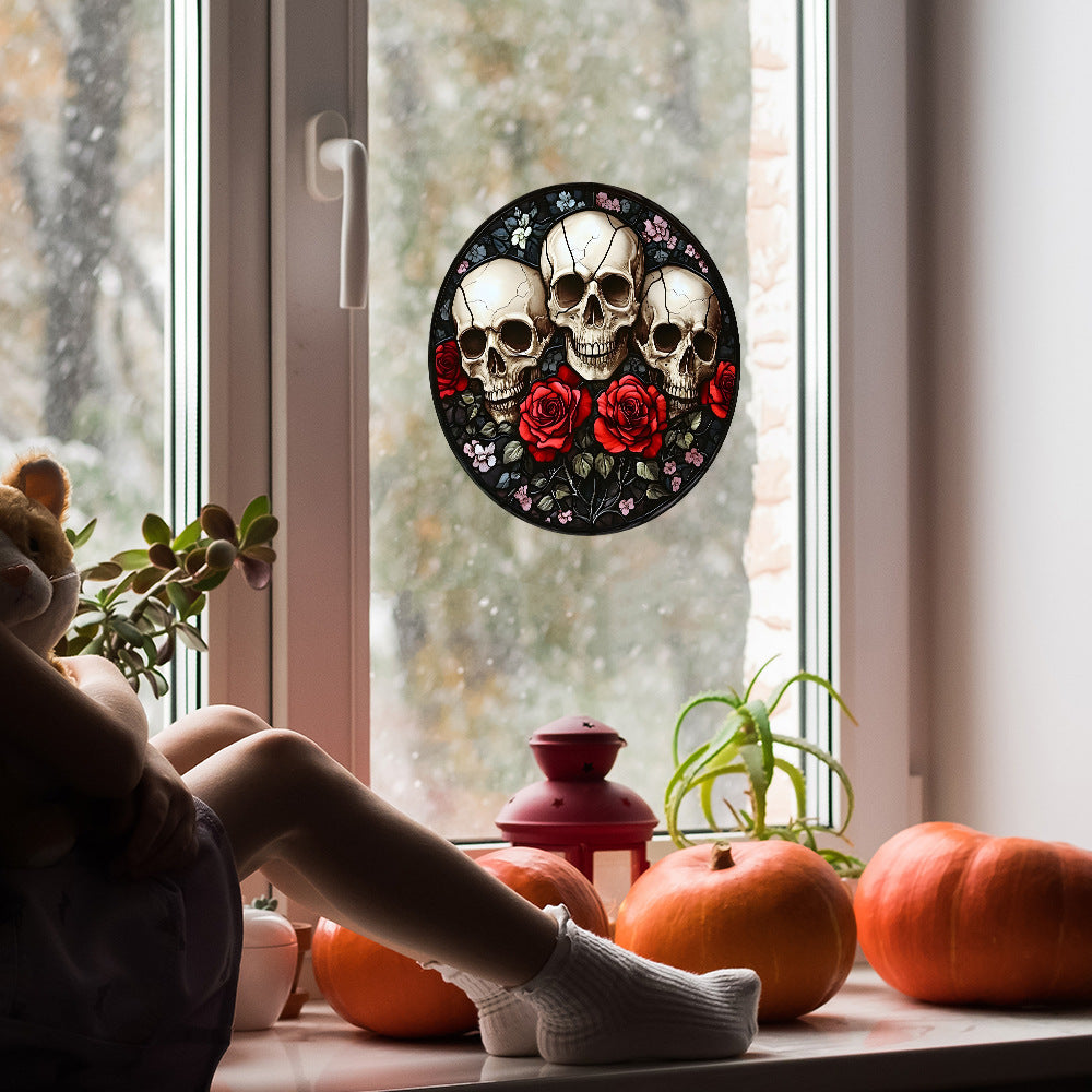 🎃 Halloween Round Skull & Rose Static Window Stickers – No Glue, Just Static Magic 🌹💀 Kawaii Stickers