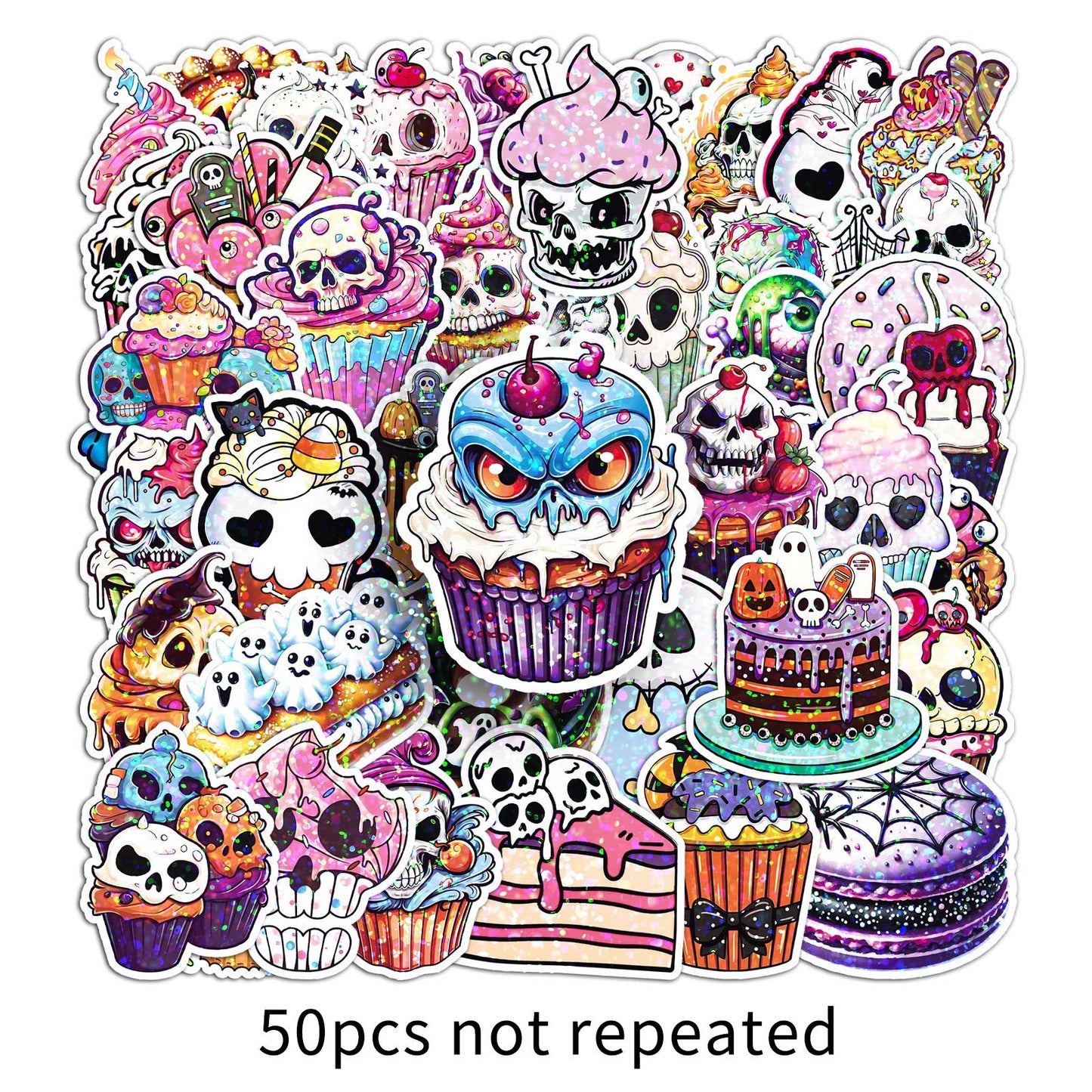 🎃 50 Pcs Halloween Holographic Stickers – Skulls, Cakes & DIY Fun Stickers Cakes Kawaii Stickers
