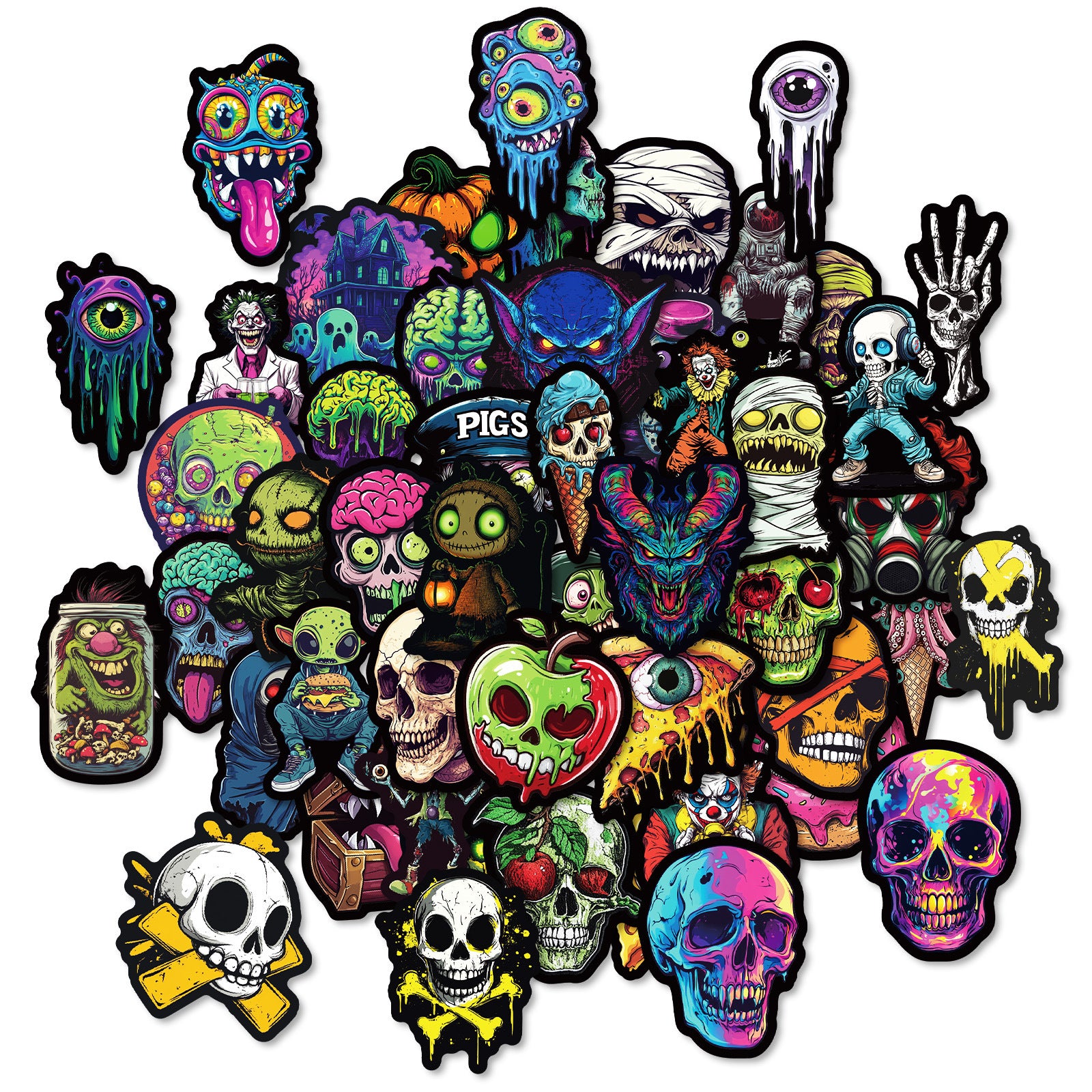 50pcs Colorful Skull Stickers – Halloween Festival Decoration Vinyl Decals Kawaii Stickers