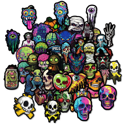 50pcs Colorful Skull Stickers – Halloween Festival Decoration Vinyl Decals Kawaii Stickers