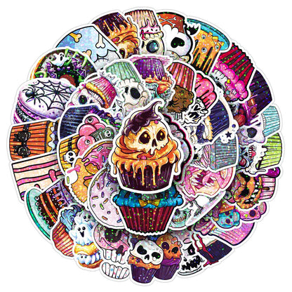 🎃 50 Pcs Halloween Holographic Stickers – Skulls, Cakes & DIY Fun Kawaii Stickers