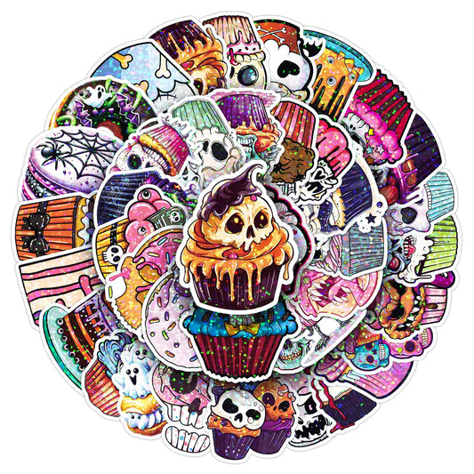 🎃 50 Pcs Halloween Holographic Stickers – Skulls, Cakes & DIY Fun Kawaii Stickers