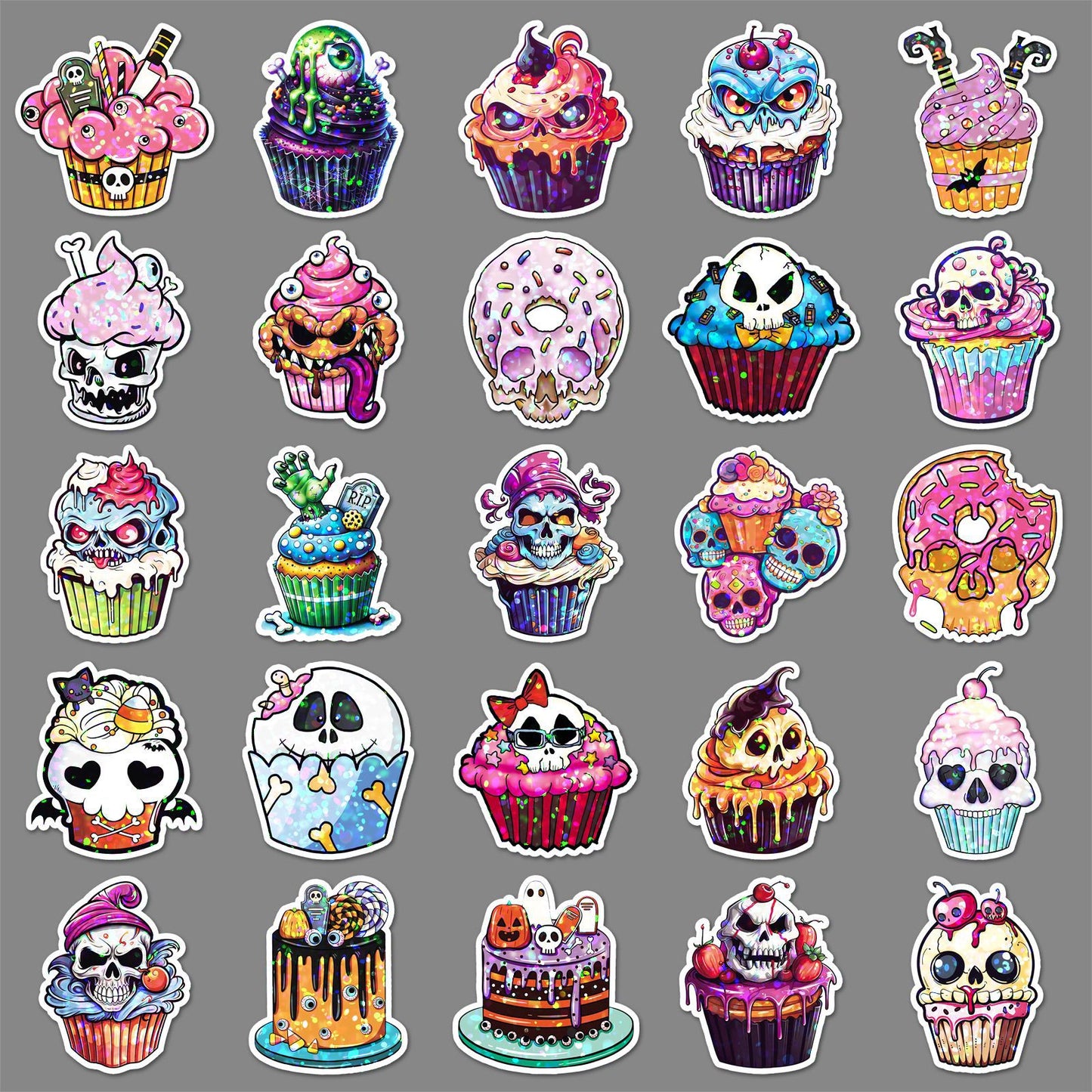 🎃 50 Pcs Halloween Holographic Stickers – Skull, Cake & DIY Designs Kawaii Stickers