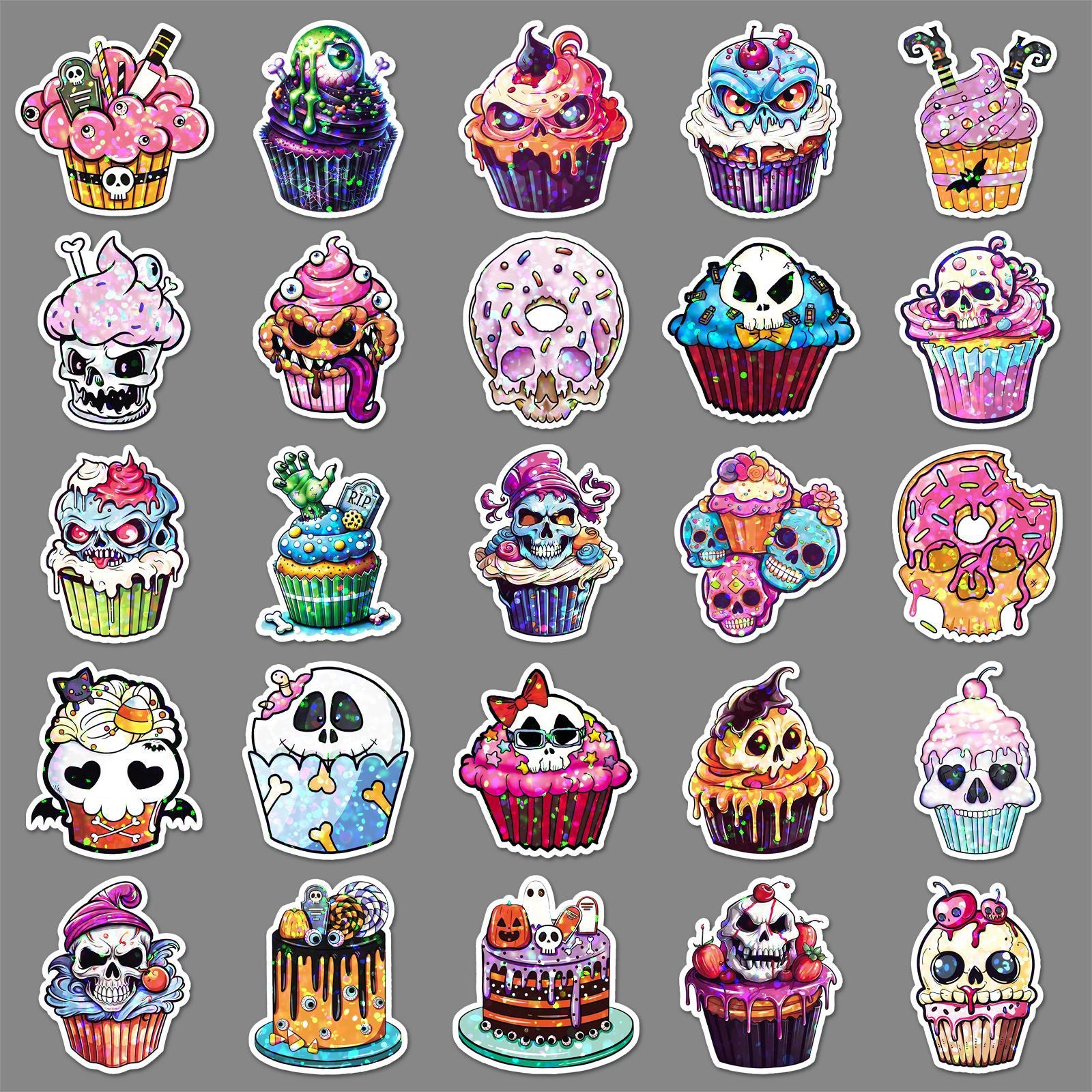 🎃 50 Pcs Halloween Holographic Stickers – Skull, Cake & DIY Designs Kawaii Stickers