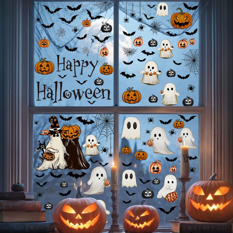 Happy Halloween Window Stickers – Ghosts, Pumpkins & Bats – Static-Cling PVC Wall & Glass Decals for Spooky Home Party Décor 👻🕷️🌙 Kawaii Stickers