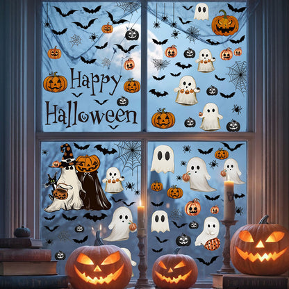 Happy Halloween Window Stickers – Ghosts, Pumpkins & Bats – Static-Cling PVC Wall & Glass Decals for Spooky Home Party Décor 👻🕷️🌙 Kawaii Stickers