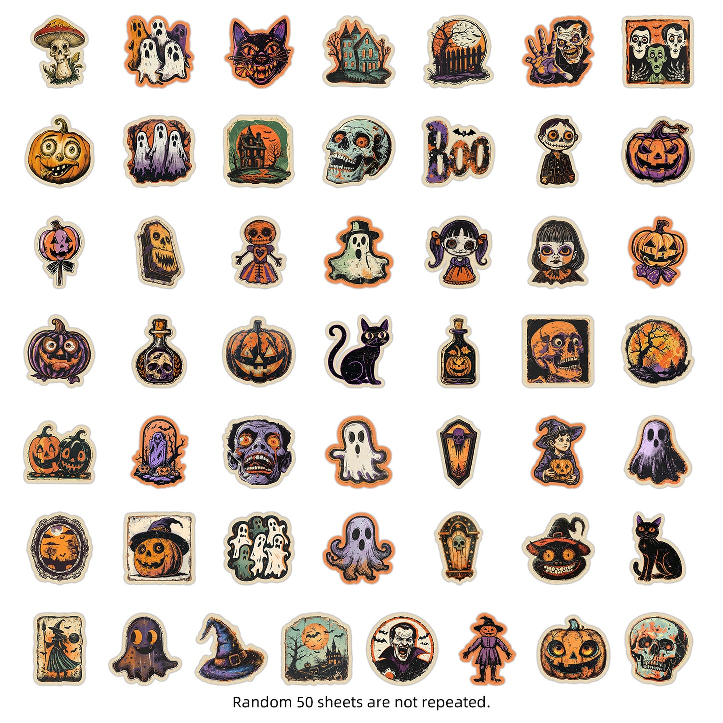 🎃 50pcs Vintage Halloween Stickers – Waterproof Retro PVC Vinyl Decals for Luggage, Water Bottle & Laptop Decoration 50pcs-vintage-halloween-stickers Kawaii Stickers
