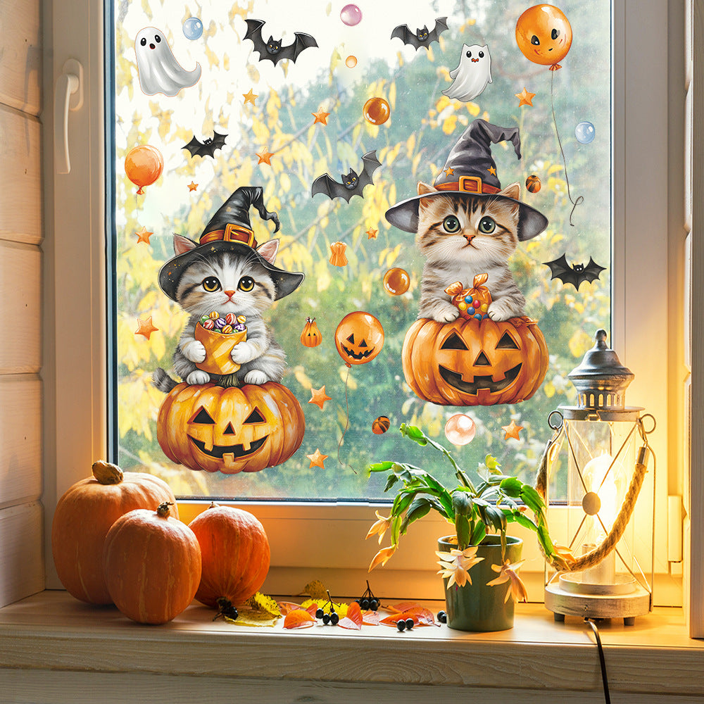 🐱🎃 Halloween Cat Window Stickers – Cute Cartoon Pumpkin & Bat Static Cling Decals – Home & Party Glass Decor Kawaii Stickers