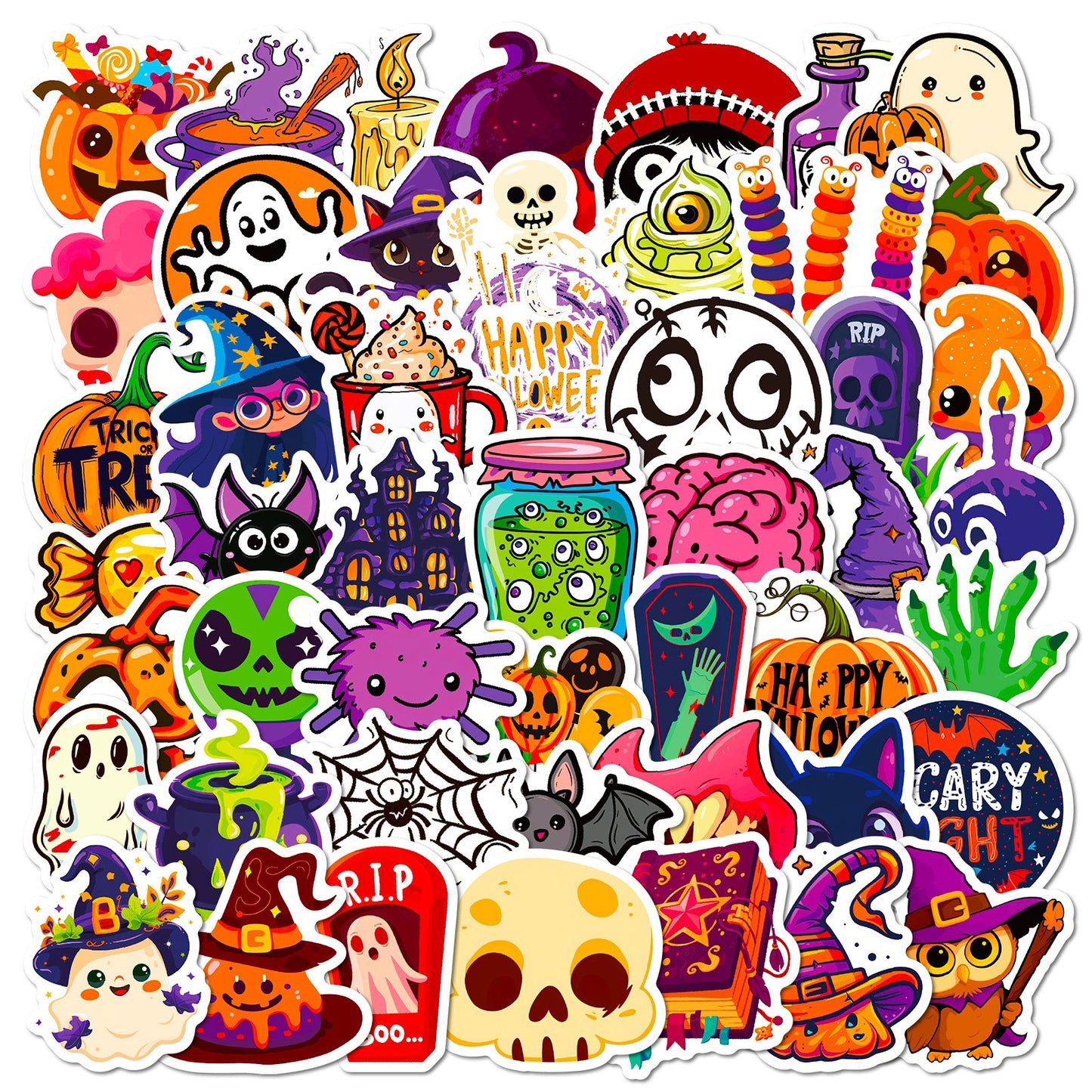 Halloween Stickers – 50Pcs Cute Ghost, Spider & Bat Cartoon DIY Stickers