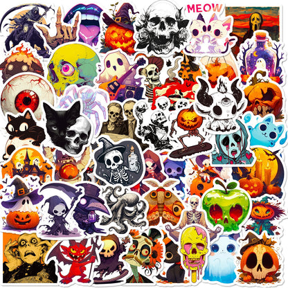 50pcs Halloween Stickers – Skulls, Pumpkins, Witches, Grim Reapers, Black Cats & Cute Doodle Decals Kawaii Stickers