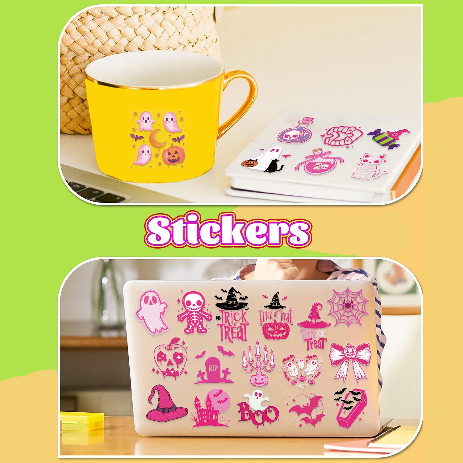 50Pcs Cute Pink Halloween Stickers Pack 🎃 Waterproof Transparent PET for Journals, Laptops & Guitars Kawaii Stickers