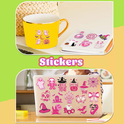 50Pcs Cute Pink Halloween Stickers Pack 🎃 Waterproof Transparent PET for Journals, Laptops & Guitars Kawaii Stickers