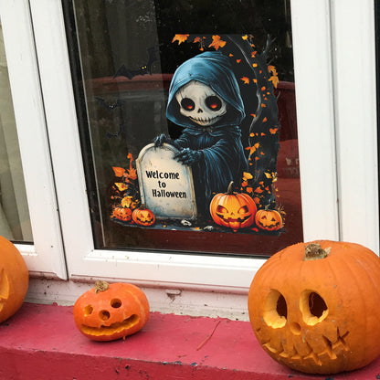 💀 Halloween Static Window Stickers – Skull & Pumpkin Scene 🎃 Kawaii Stickers