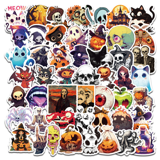 50pcs Halloween Stickers – Skulls, Pumpkins, Witches, Grim Reapers, Black Cats & Cute Doodle Decals Kawaii Stickers