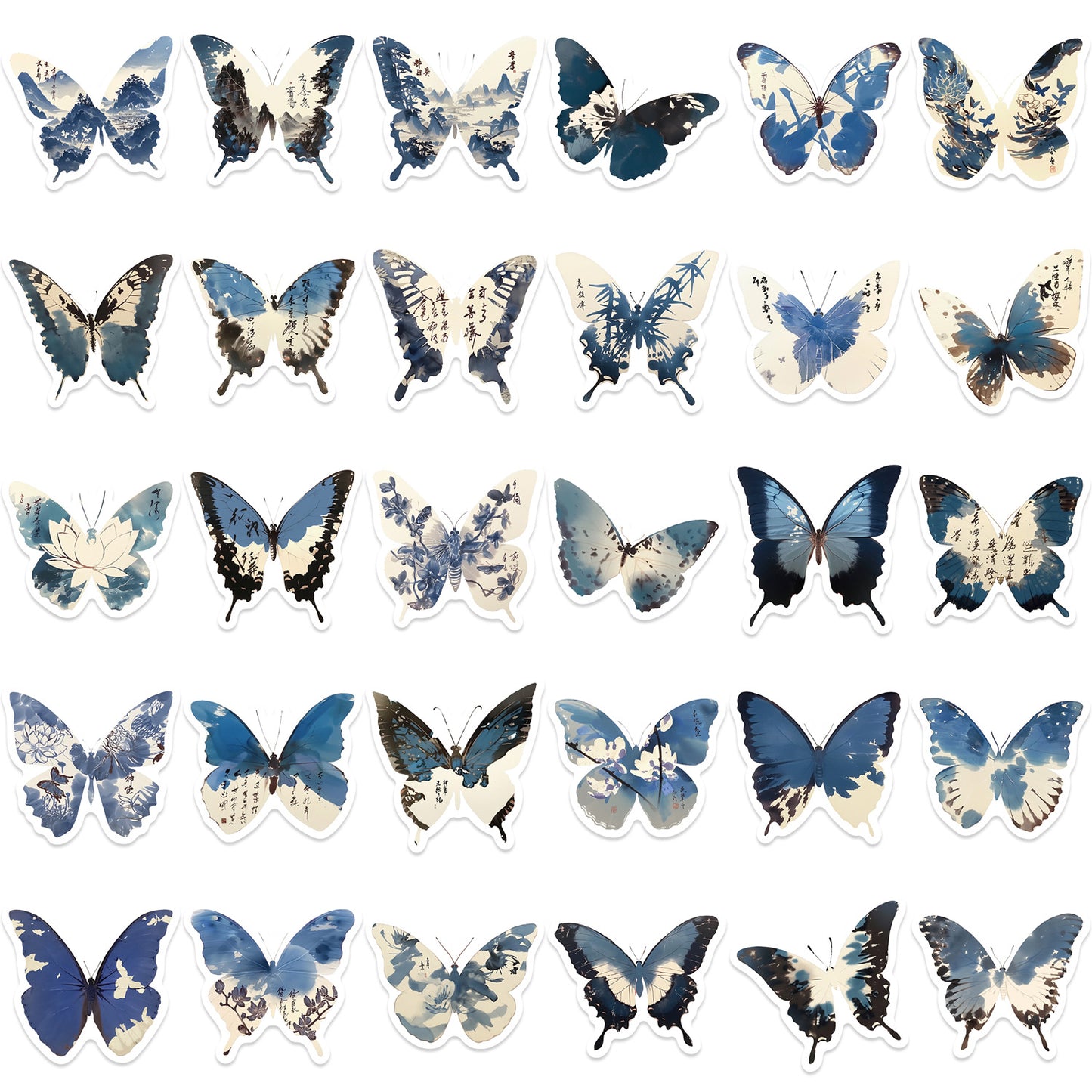 🦋🎨50pcs Ink-Style Butterfly Stickers Book | Waterproof PET Oriental Art Stickers for Journals, Notebooks, Water Cups ☕ & DIY Crafts Kawaii Stickers