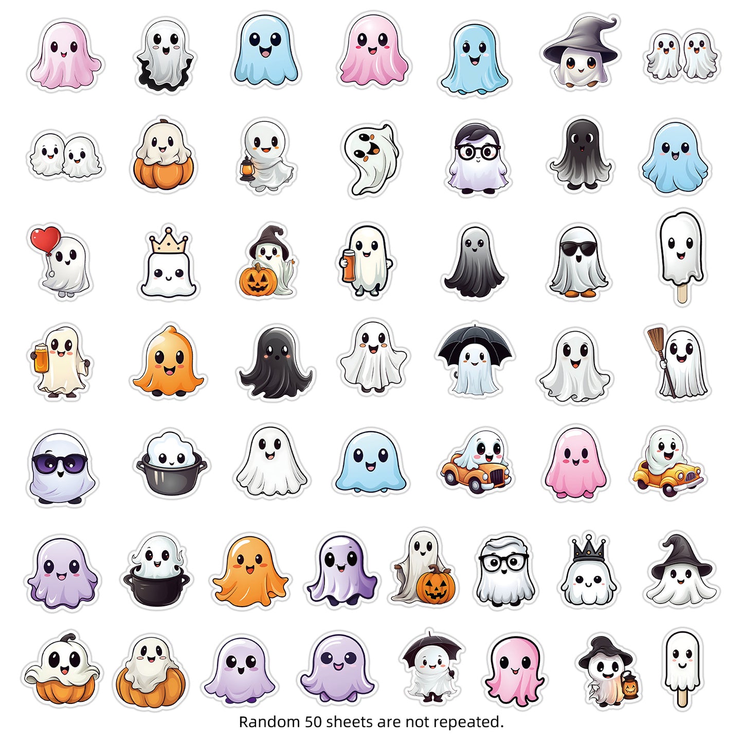 🎃 50pcs Cute Halloween Stickers – Ghost & Pumpkin Waterproof Vinyl Decals for Laptop, Skateboard, Water Bottle Kawaii Stickers
