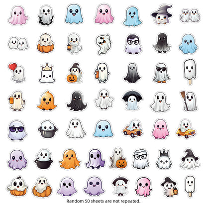 🎃 50pcs Cute Halloween Stickers – Ghost & Pumpkin Waterproof Vinyl Decals for Laptop, Skateboard, Water Bottle Kawaii Stickers