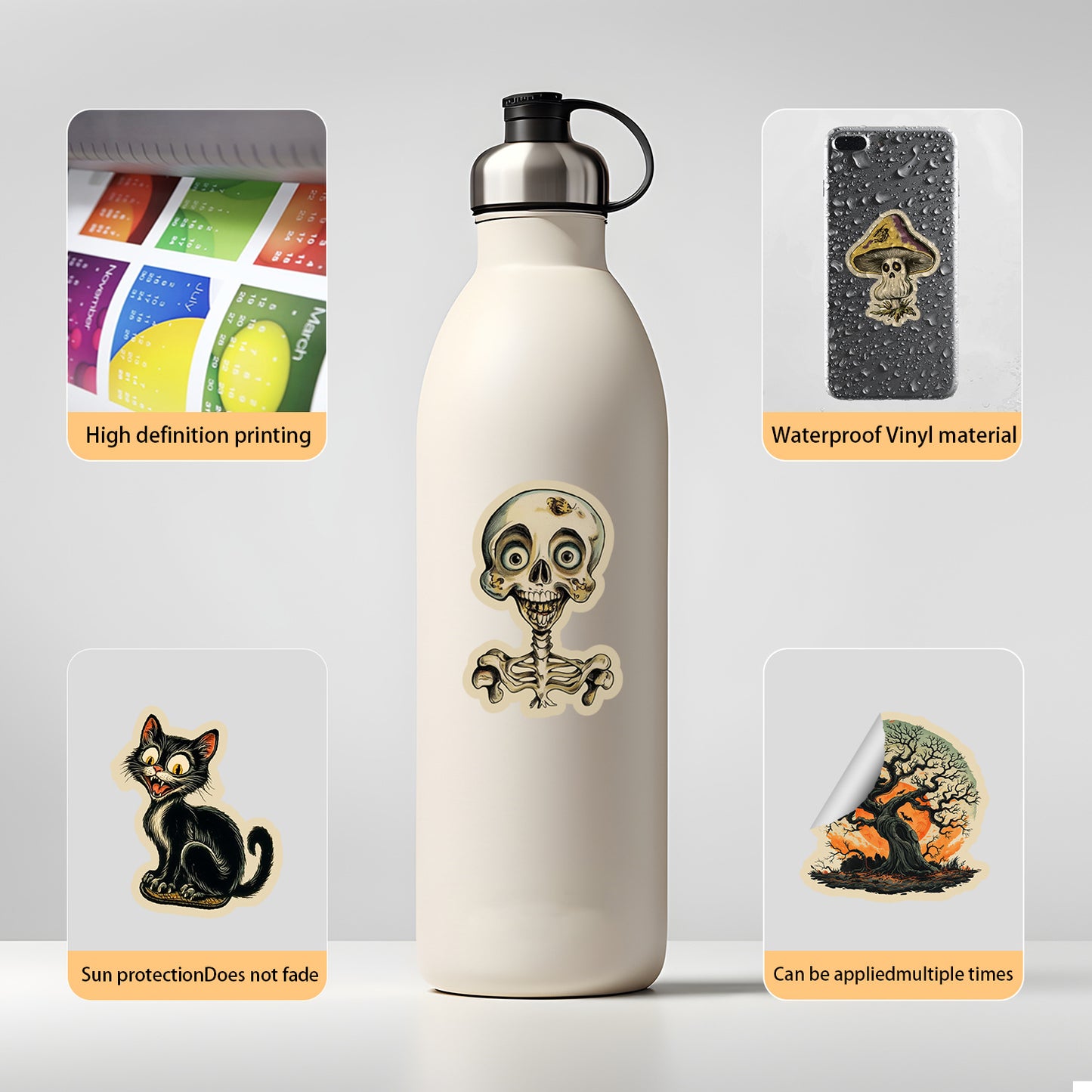 🎃 50pcs Vintage Halloween Stickers Pack – Waterproof Retro PVC Laptop & Water Bottle Decals Kawaii Stickers