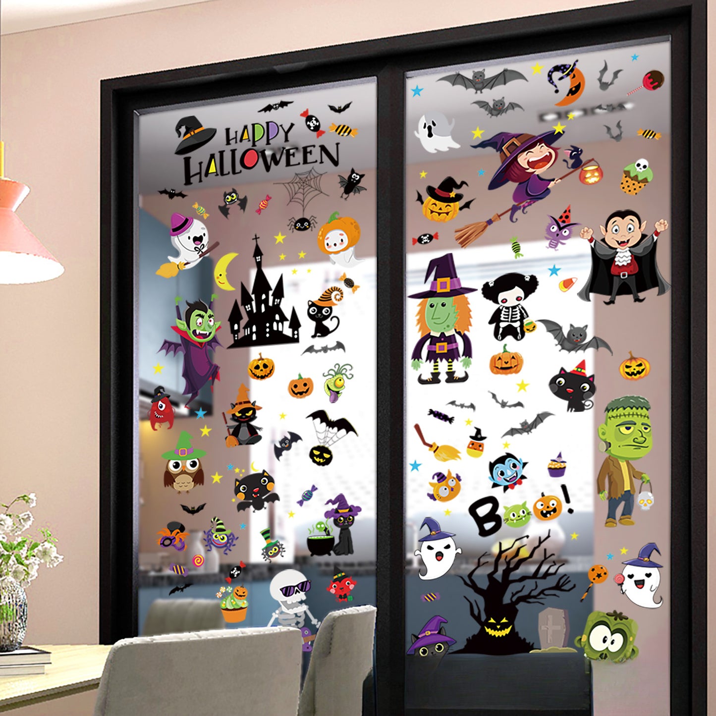 🎃 Halloween Window Stickers – Haunted House, Witch & Bat Static-Cling Decals – Double-Sided Print, Reusable Glass Wall Door Decorations Kawaii Stickers