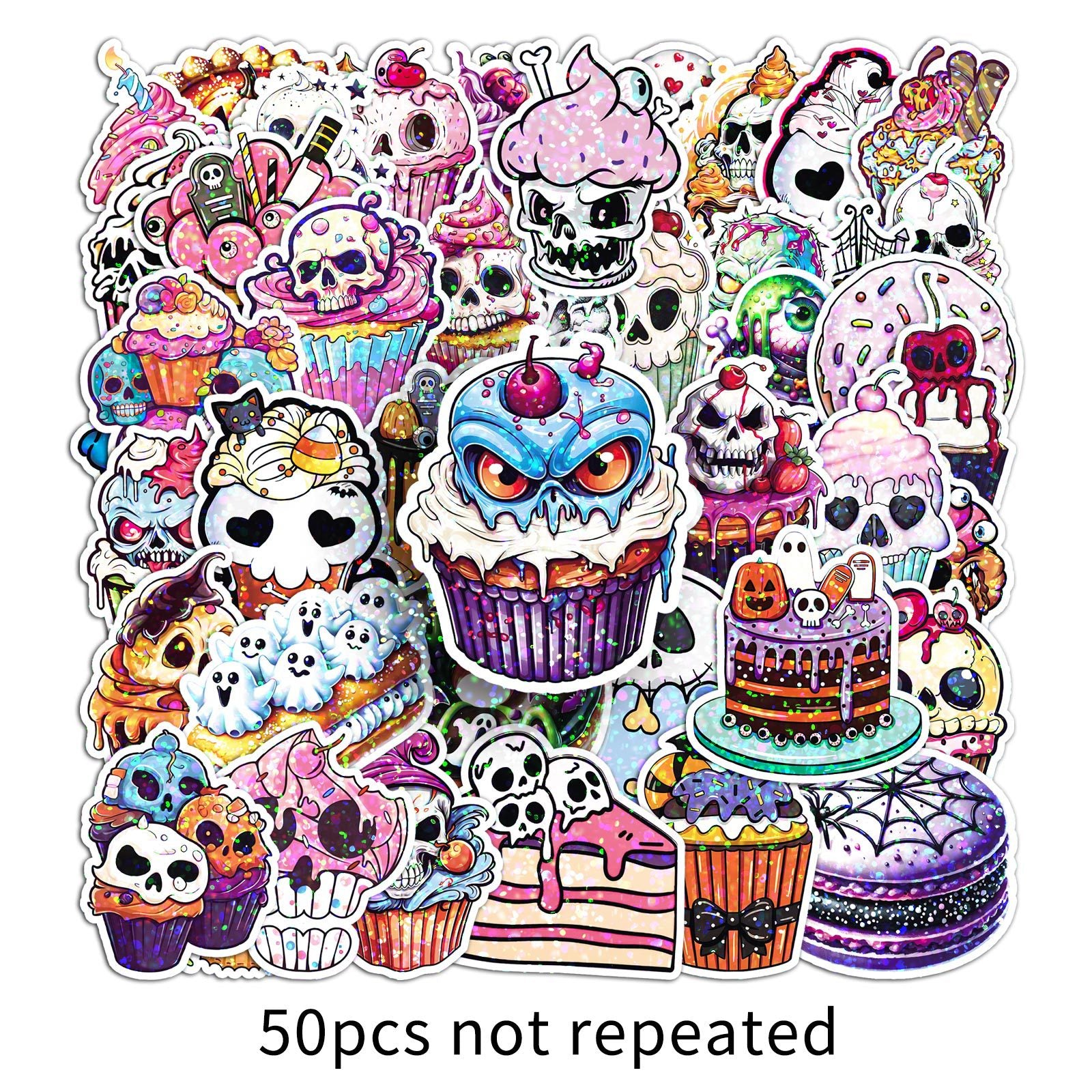 🎃 50 Pcs Halloween Holographic Stickers – Skull, Cake & DIY Designs Kawaii Stickers