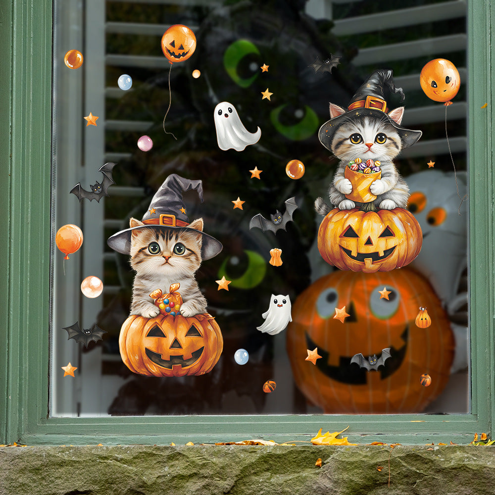 🐱🎃 Halloween Cat Window Stickers – Cute Cartoon Pumpkin & Bat Static Cling Decals – Home & Party Glass Decor Kawaii Stickers