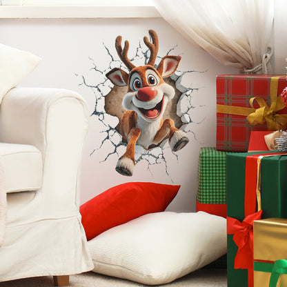 🦌 3D Break-Through Reindeer Christmas Wall Stickers – Self-Adhesive PVC Kawaii Stickers