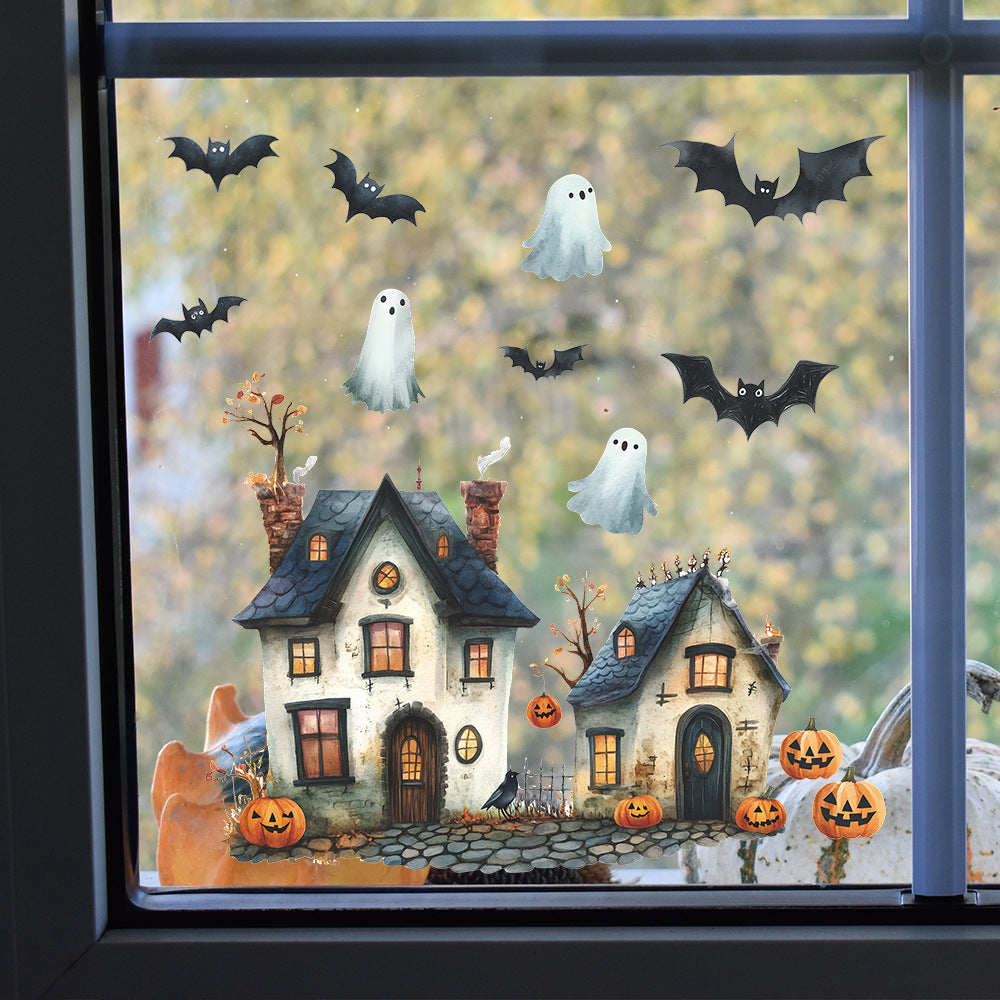 🏰🎃 Cute Halloween Castle Window Stickers – Static Cling Glass Decals with Pumpkins & Ghosts – Holiday Home Decor Kawaii Stickers