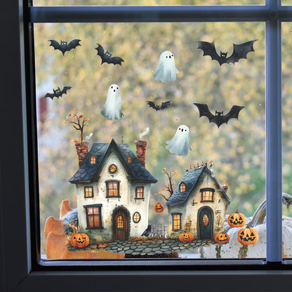 🏰🎃 Cute Halloween Castle Window Stickers – Static Cling Glass Decals with Pumpkins & Ghosts – Holiday Home Decor Kawaii Stickers