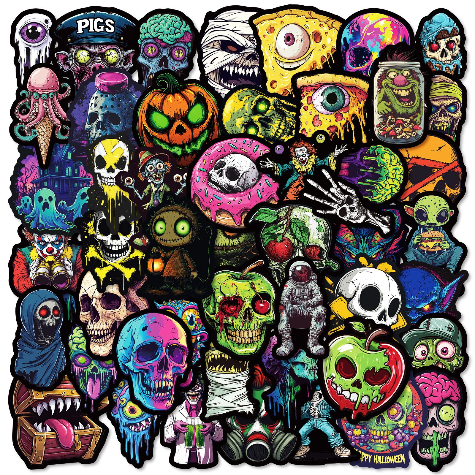 50pcs Colorful Skull Stickers – Halloween Festival Decoration Vinyl Decals Kawaii Stickers