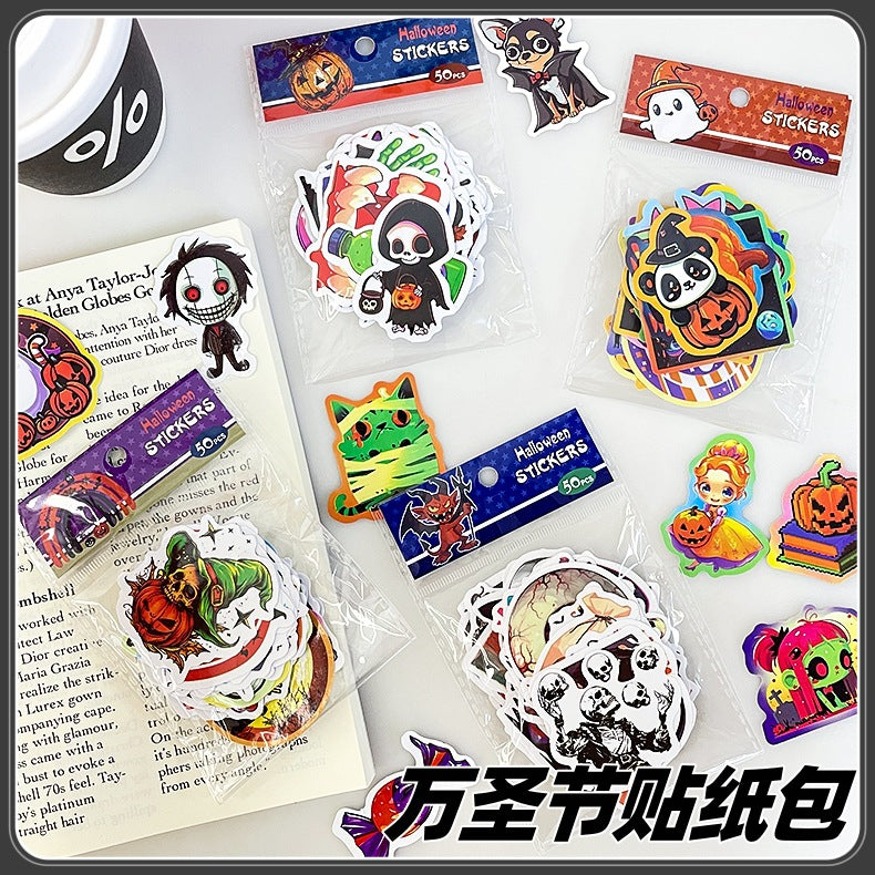 🎃 50 Halloween Stickers – Skulls, Pumpkins, Witches, Grim Reapers & Black Cats 🖤 Kawaii Stickers