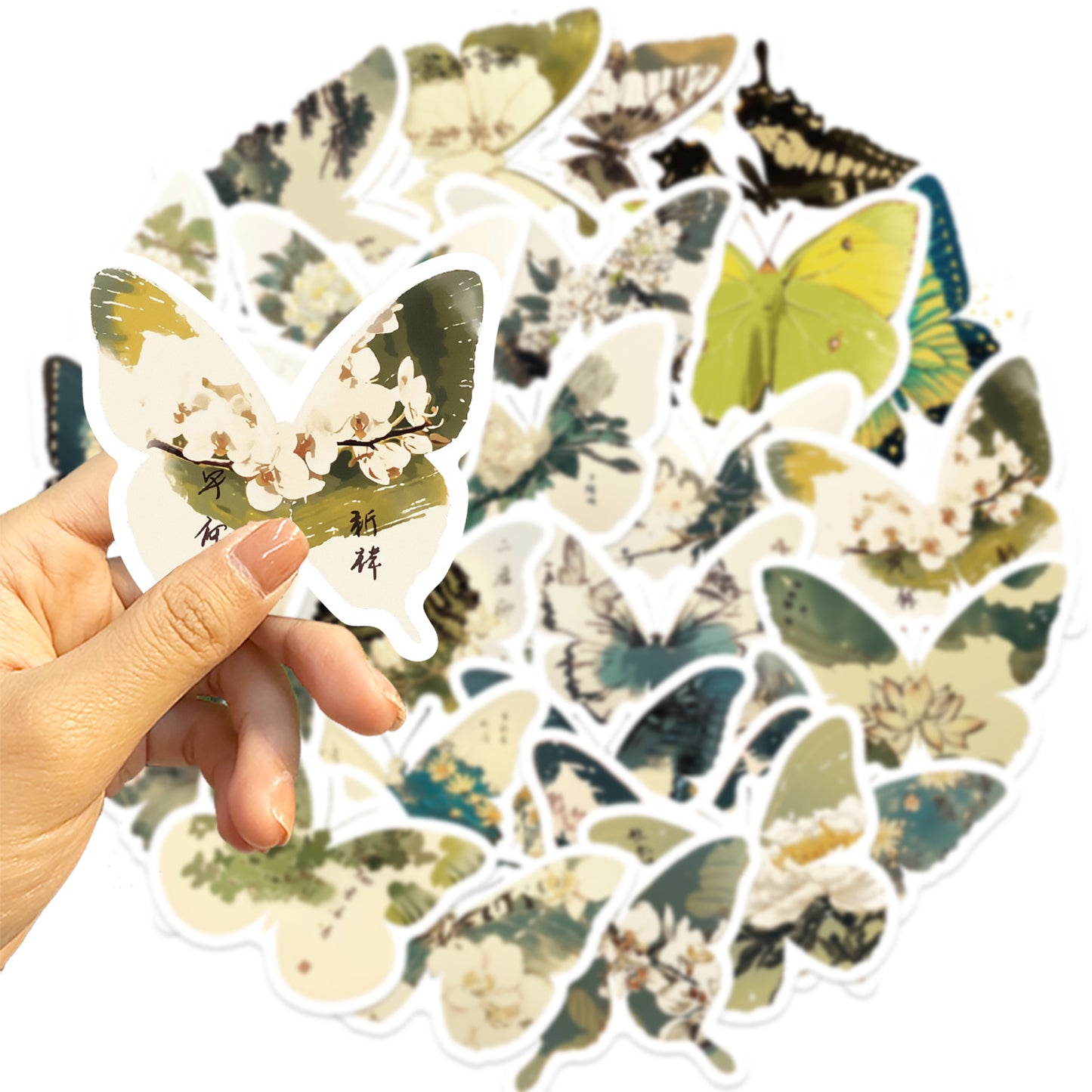 🦋🎨50pcs Ink-Style Butterfly Stickers Book | Waterproof PET Oriental Art Stickers for Journals, Notebooks, Water Cups ☕ & DIY Crafts Kawaii Stickers