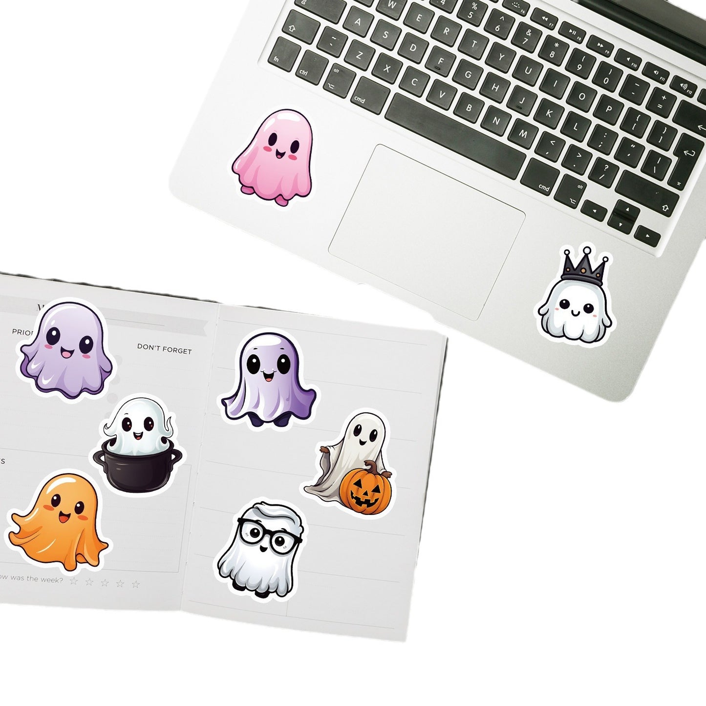 🎃 50pcs Cute Halloween Stickers – Ghost & Pumpkin Waterproof Vinyl Decals for Laptop, Skateboard, Water Bottle Kawaii Stickers