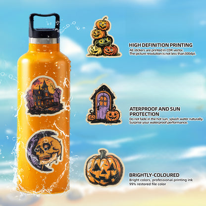 🎃 50pcs Vintage Halloween Stickers Pack – Waterproof Retro PVC Laptop & Water Bottle Decals Kawaii Stickers