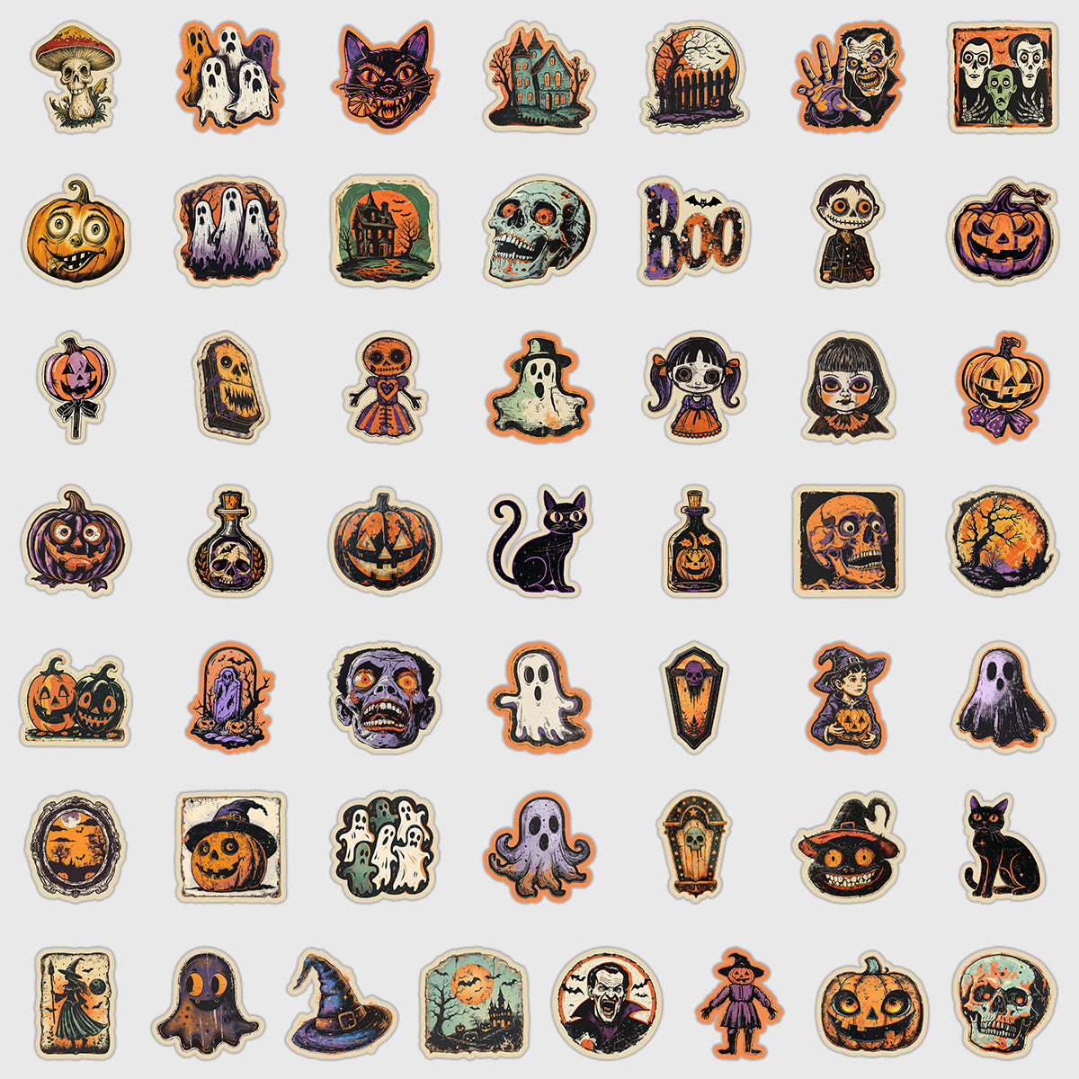 🎃 50pcs Vintage Halloween Stickers – Waterproof Retro PVC Vinyl Decals for Luggage, Water Bottle & Laptop Decoration Kawaii Stickers