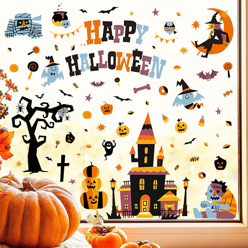 🎃👻 Halloween Castle Window Stickers – Happy Halloween Static Cling Decals with Pumpkin, Ghost & Bat Designs – Reusable PVC Wall & Glass Decorations 👻🎃 Kawaii Stickers