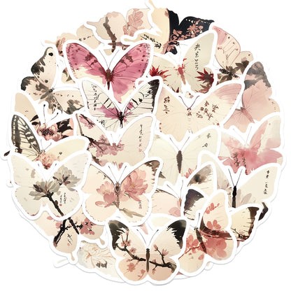 🦋🎨50pcs Ink-Style Butterfly Stickers Book | Waterproof PET Oriental Art Stickers for Journals, Notebooks, Water Cups ☕ & DIY Crafts Kawaii Stickers
