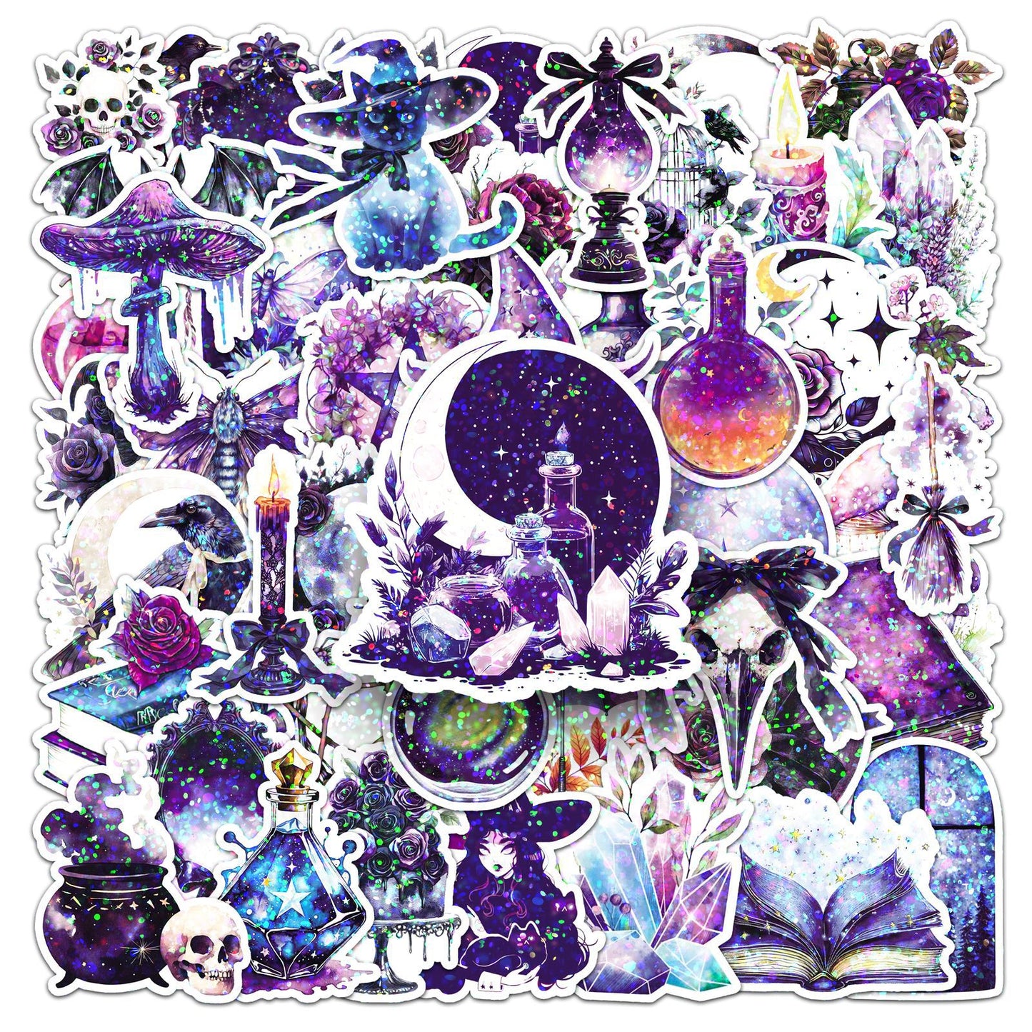 ✨ 50 pcs Holographic Stickers Halloween Witch Stickers – Magic Laser PVC Waterproof Set ✨🎃🧙‍♀️ Kawaii Stickers