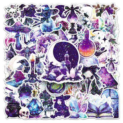 ✨ 50 pcs Holographic Stickers Halloween Witch Stickers – Magic Laser PVC Waterproof Set ✨🎃🧙‍♀️ Kawaii Stickers