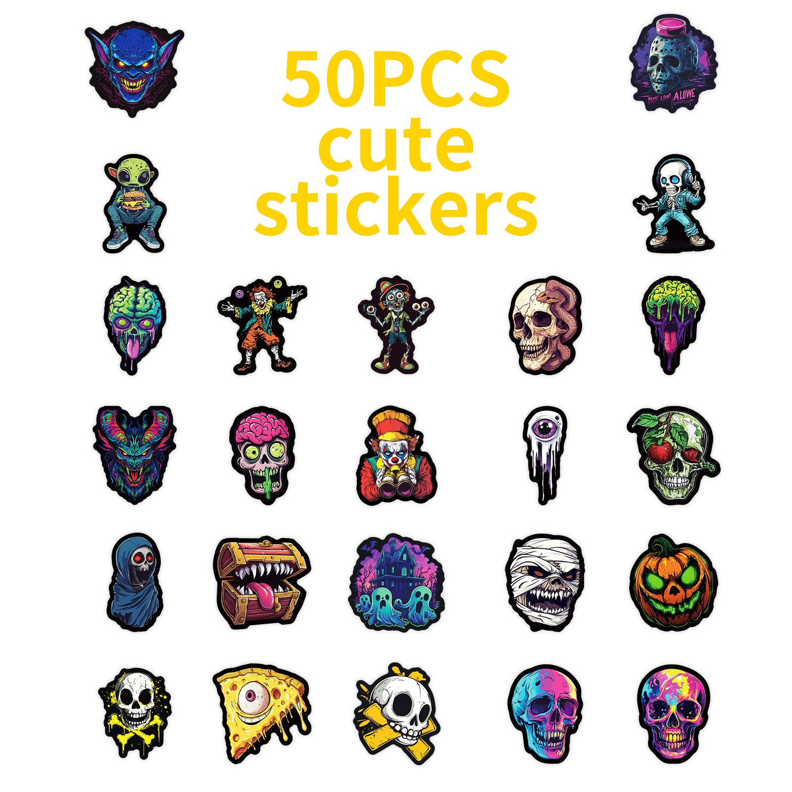 50pcs Colorful Skull Stickers – Halloween Festival Decoration Vinyl Decals Kawaii Stickers