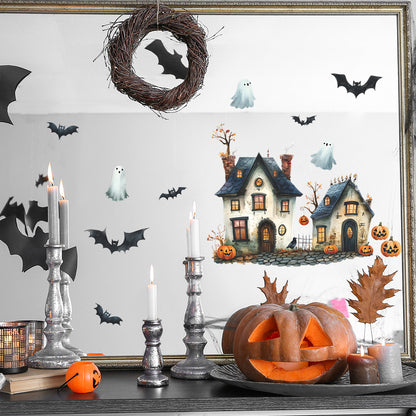 🏰🎃 Cute Halloween Castle Window Stickers – Static Cling Glass Decals with Pumpkins & Ghosts – Holiday Home Decor Kawaii Stickers
