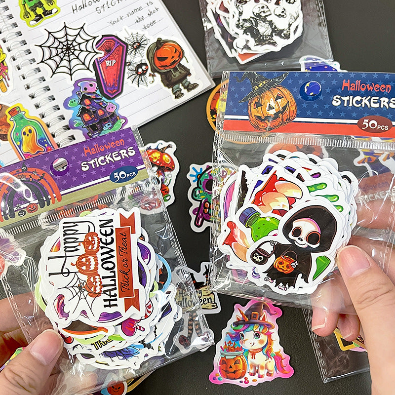 🎃 50 Halloween Stickers – Skulls, Pumpkins, Witches, Grim Reapers & Black Cats 🖤 Kawaii Stickers
