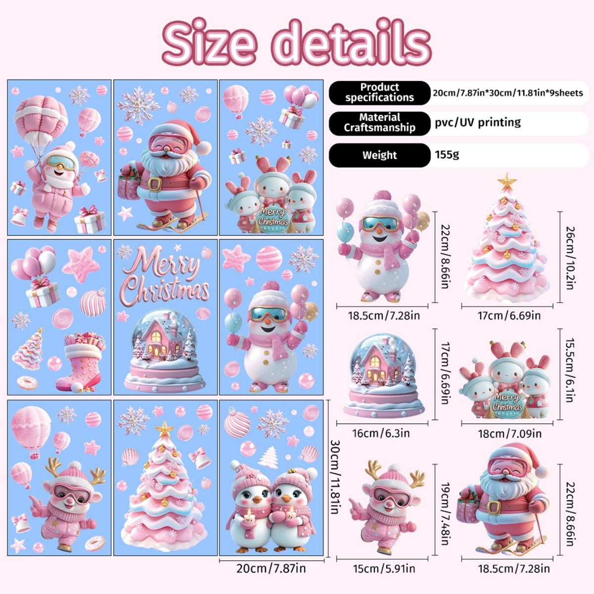 Cute Pink Christmas Window Stickers for Holiday Decor