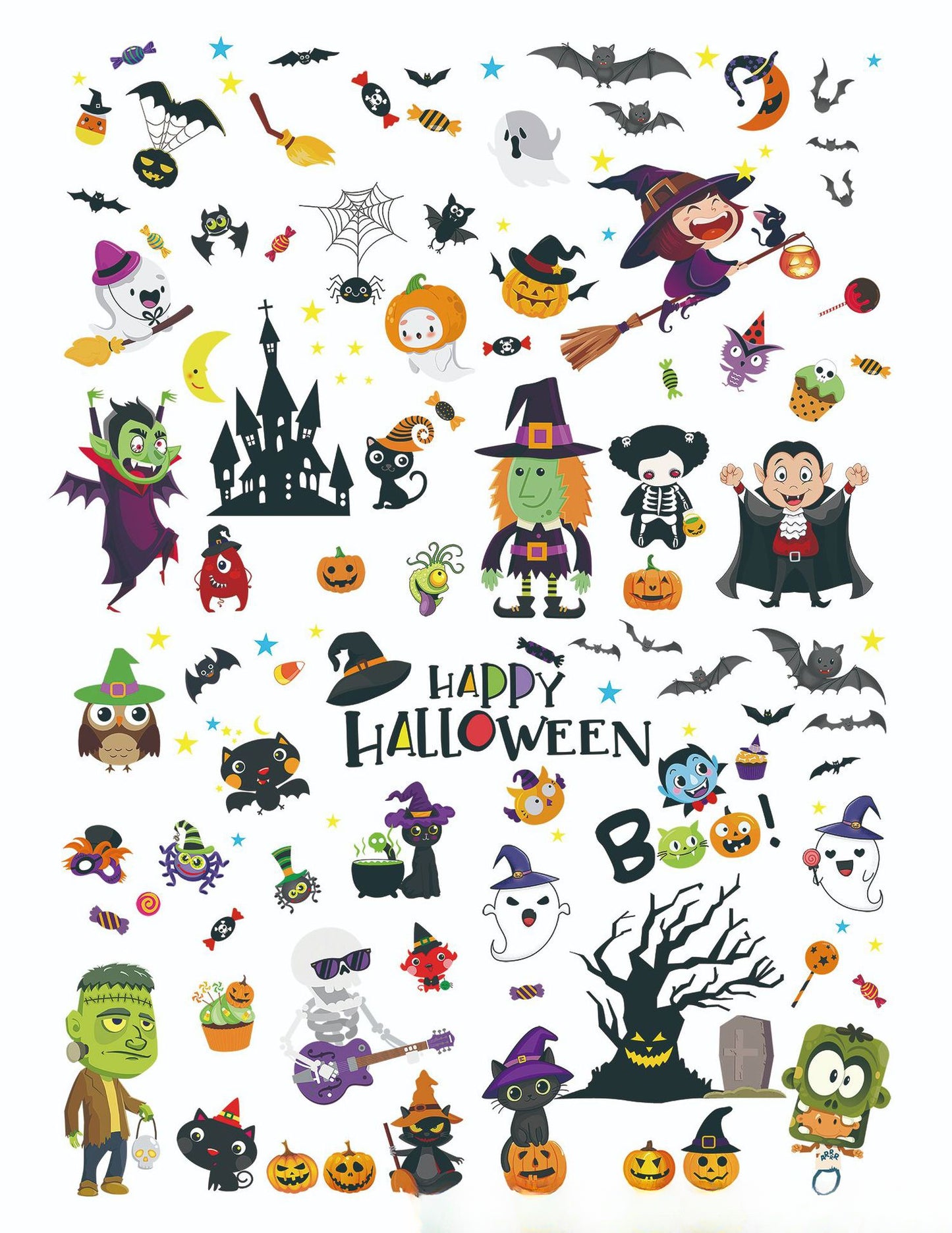 🎃 Halloween Window Stickers – Haunted House, Witch & Bat Static-Cling Decals – Double-Sided Print, Reusable Glass Wall Door Decorations Kawaii Stickers