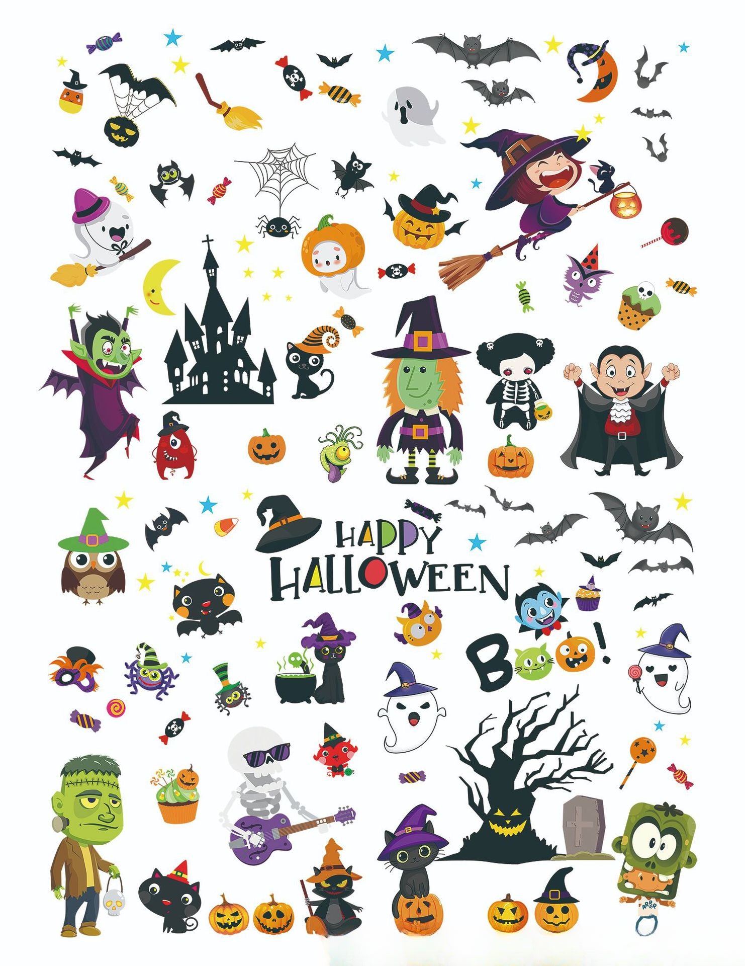 🎃 Halloween Window Stickers – Haunted House, Witch & Bat Static-Cling Decals – Double-Sided Print, Reusable Glass Wall Door Decorations Kawaii Stickers