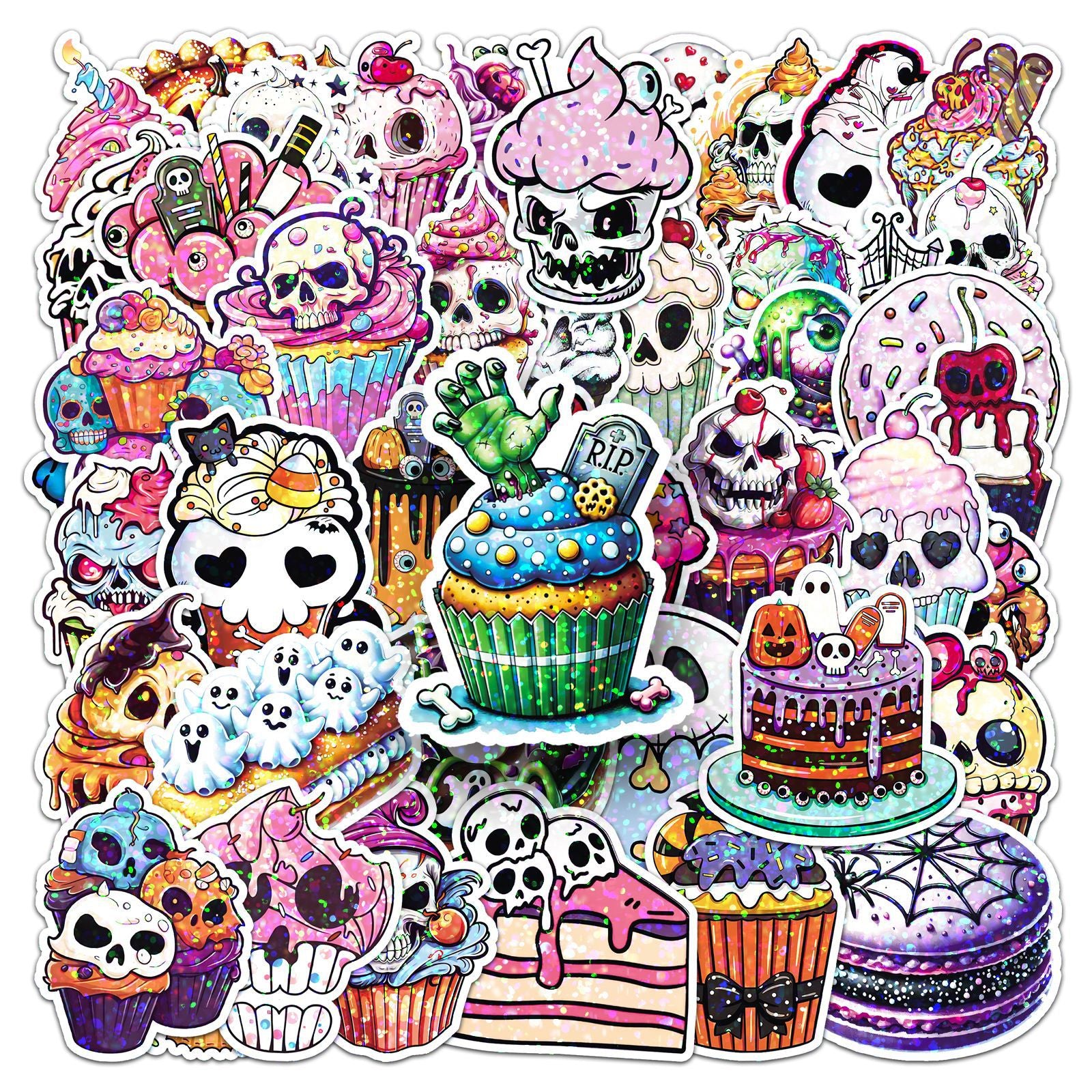 🎃 50 Pcs Halloween Holographic Stickers – Skulls, Cakes & DIY Fun Kawaii Stickers